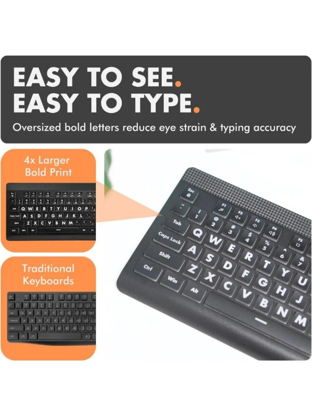 Large Print Backlit Keyboard - Easy Read Big Letters, USB Wired, 7-Color LED